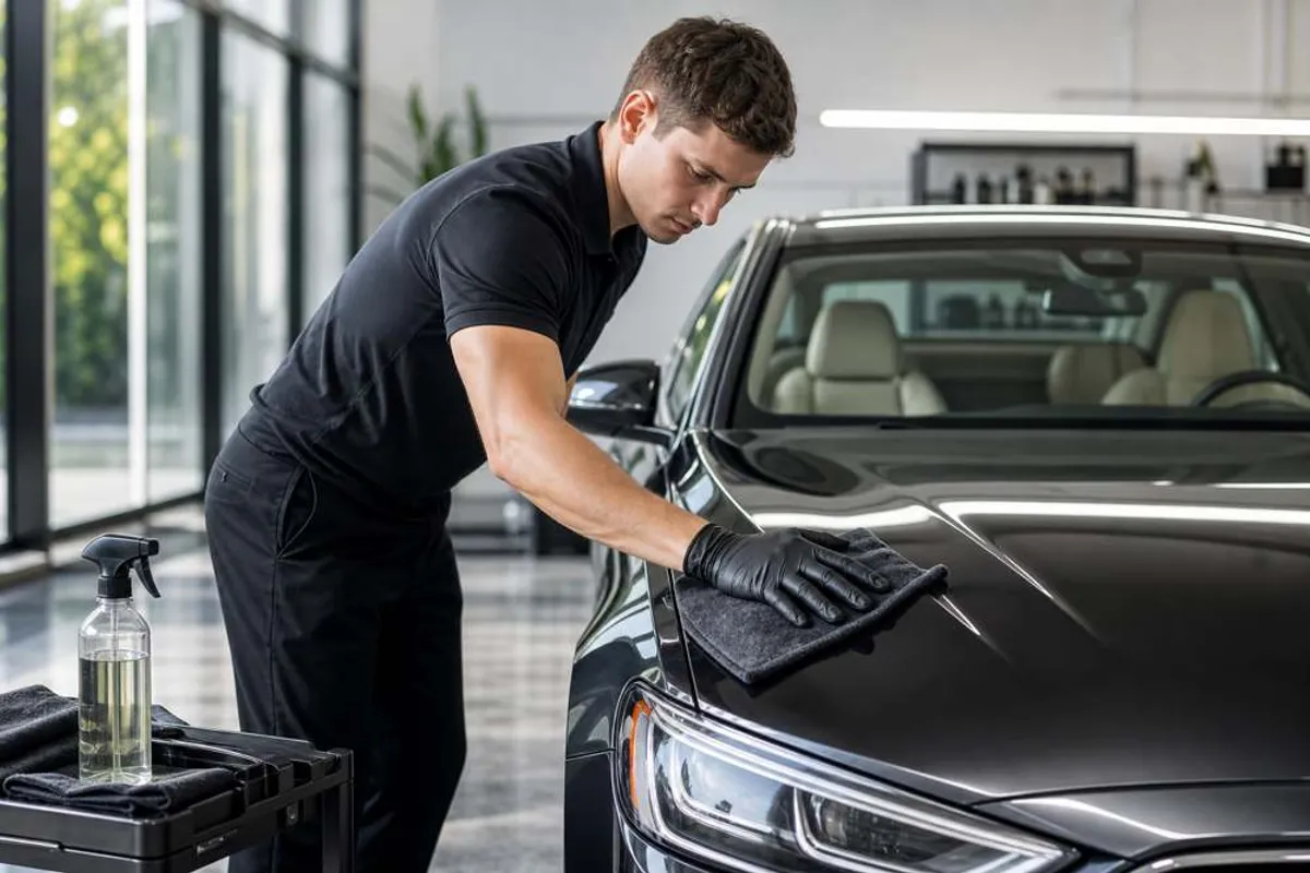 Lavagem a seco ecológica de carro com pano de microfibra e produto biodegradável