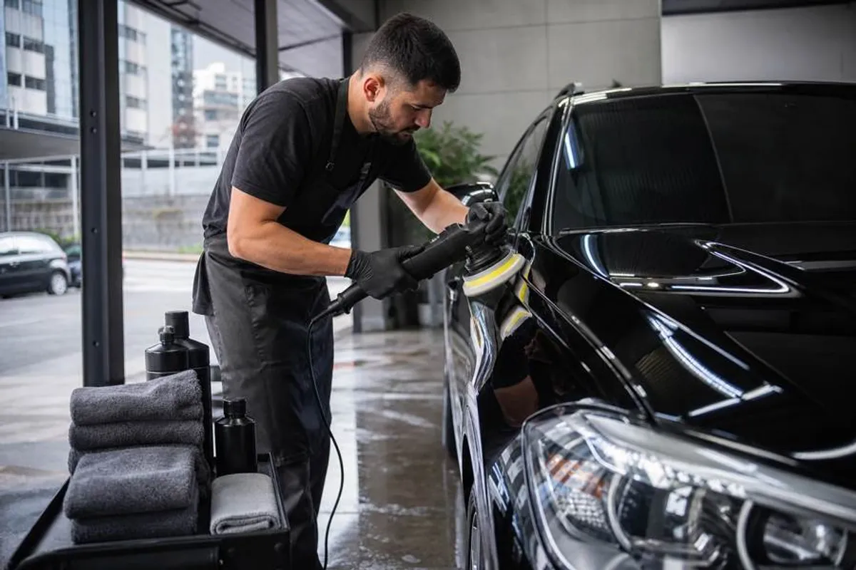 Profissional aplicando cera e realizando enceramento automotivo em lava rapido