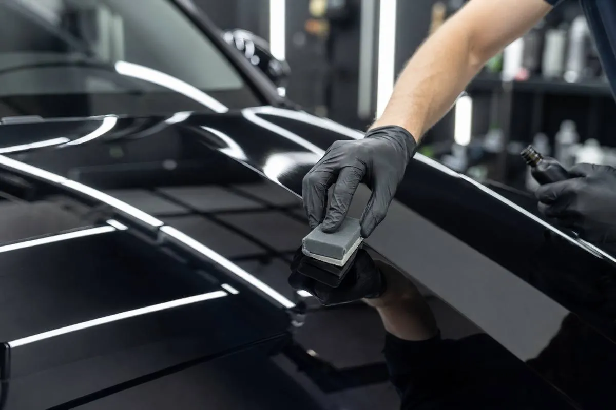 Aplicacao de cristalizacao e selante ceramico na pintura espelhada de um carro com aplicador de microfibra