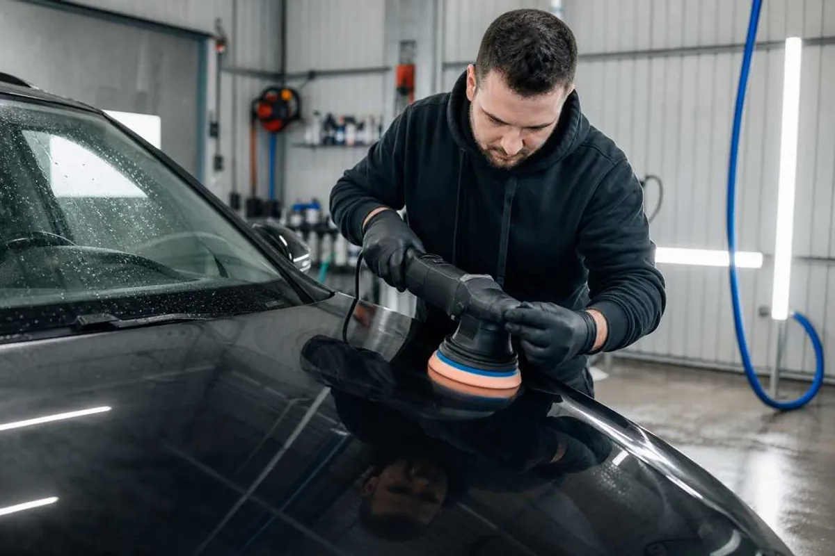 Profissional realizando polimento de pintura automotiva com politriz orbital na lataria de um carro