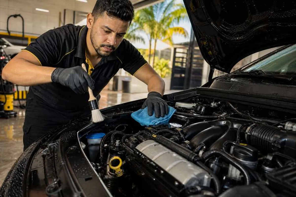 Técnico realizando lavagem detalhada do motor de um carro em lava rápido na Bela Vista