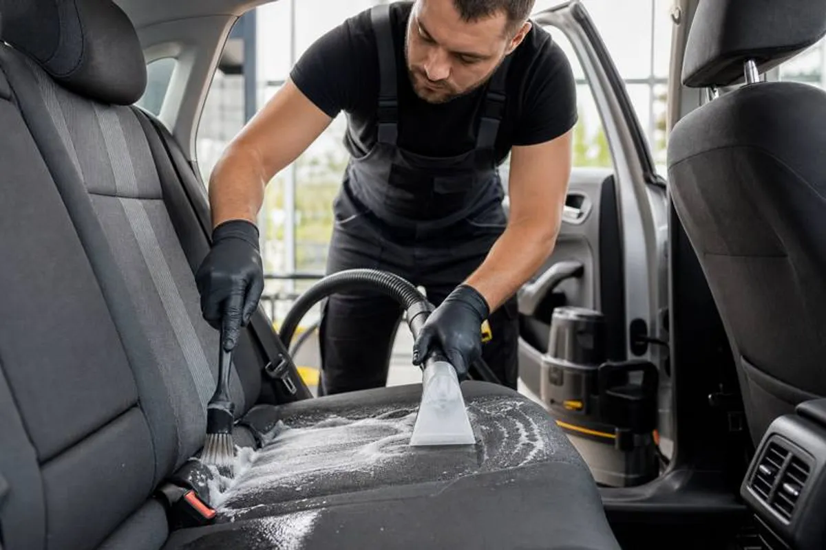 Profissional higienizando estofados automotivos com extratora a vapor em lava rápido na Bela Vista
