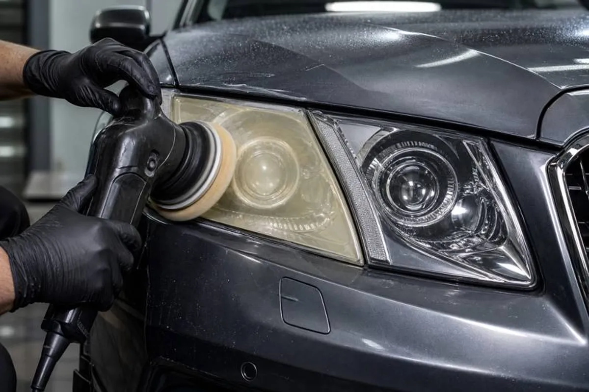 Restauração de farol automotivo amarelado sendo polido até ficar transparente