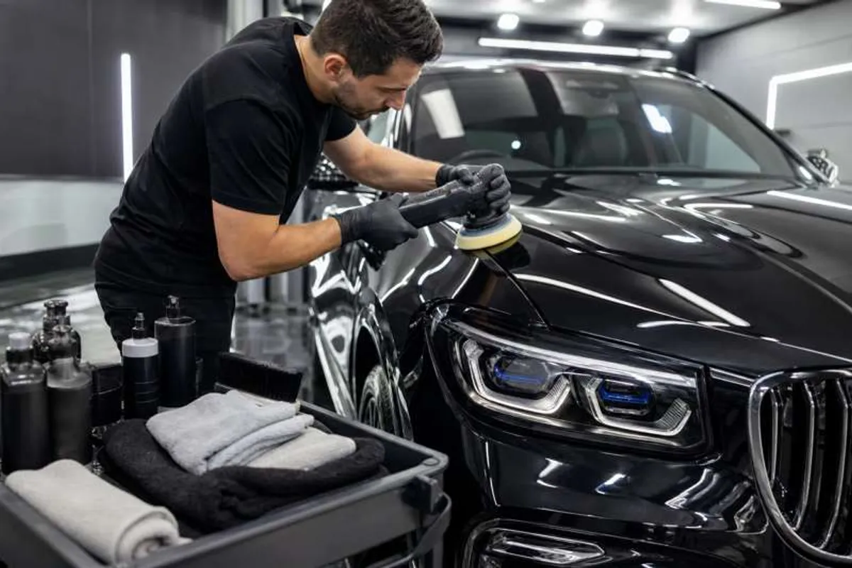 Detalhamento automotivo: polimento do capô de carro em box de lava-rápido