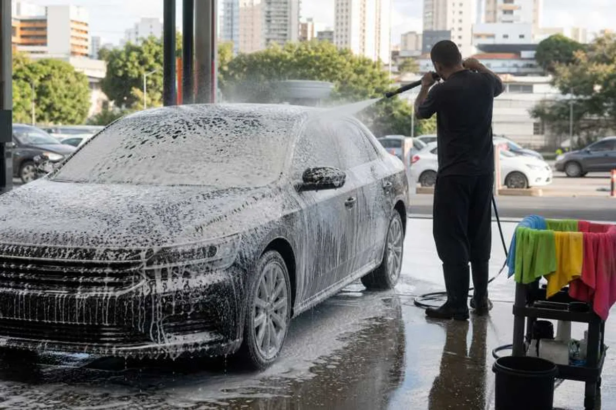 Carro recebendo lavagem em lava rápido na região da Sé em São Paulo