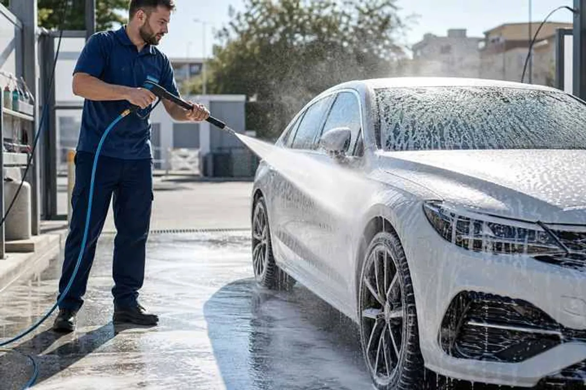 Lavagem profissional de carro com espuma e jato de água em lava-rápido