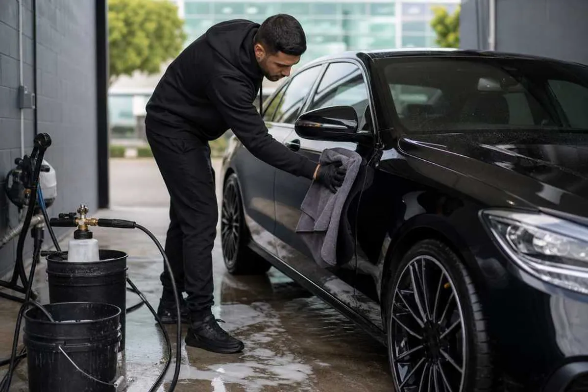 Detalhador secando carro limpo com pano de microfibra em lava-rápido