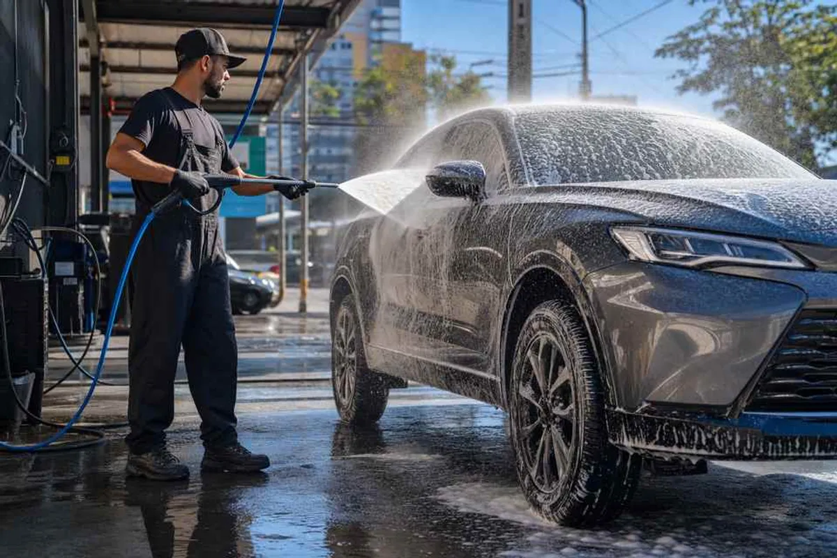 Lavagem de carro profissional com espuma e alta pressão em lava-rápido na Vila Buarque, São Paulo